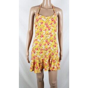 Halter Floral Sundress Womens M Bright Yellow Tie-Back Mini Vacation Casual